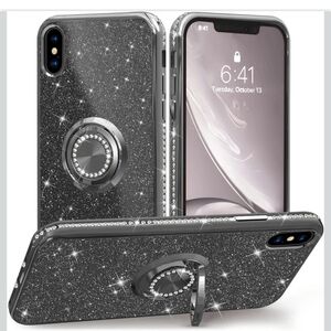 iPhone X‎ 5.8 Black Glitter Phone Case Ring Holder Stand Waterproof Camera New